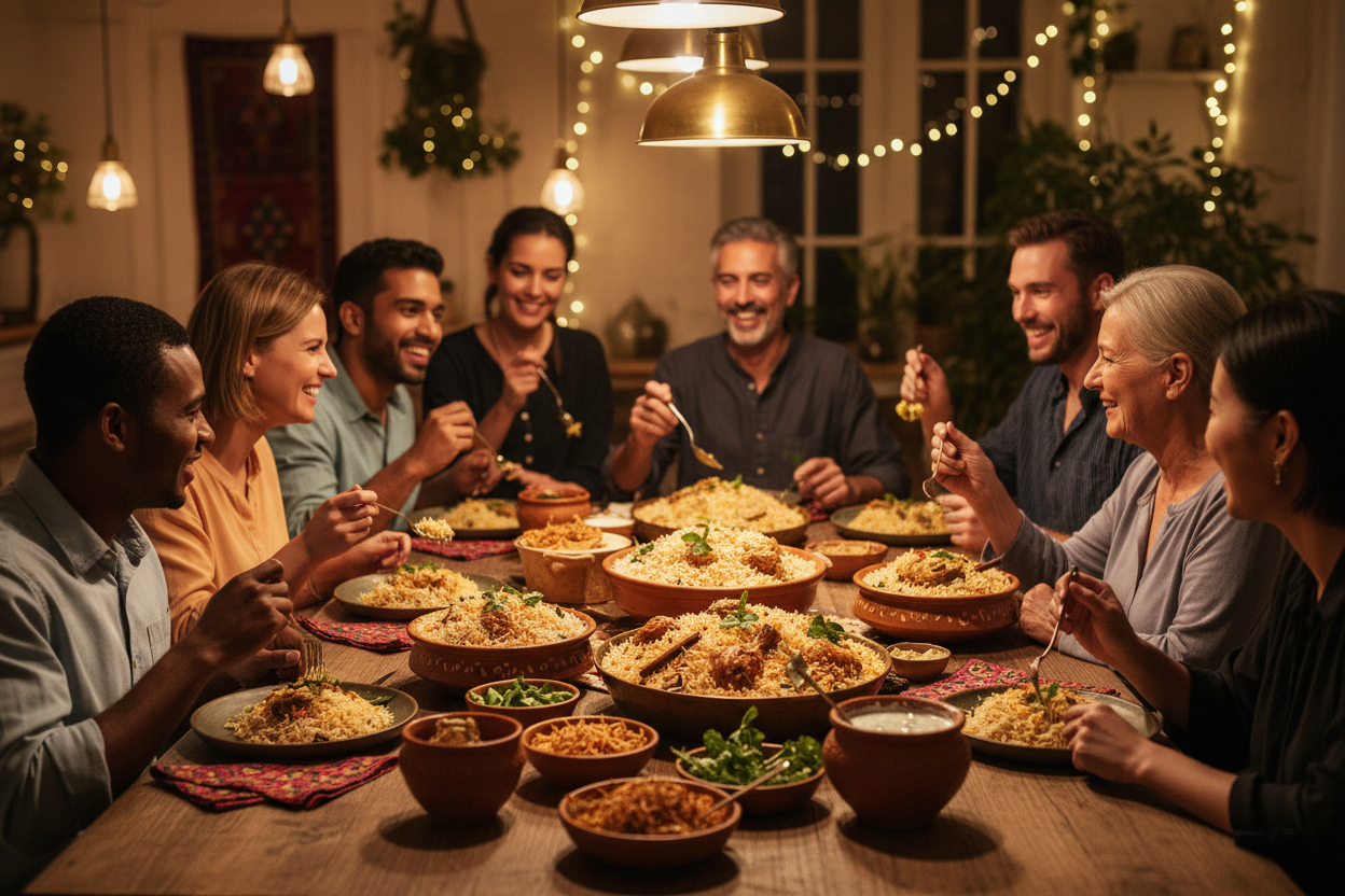 a nice get together and people having biryani